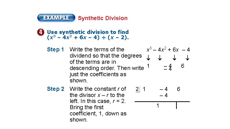 Synthetic Division Use synthetic division to find (x 3 – 4 x 2 +