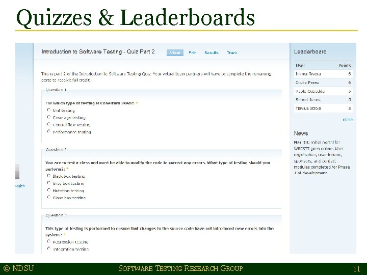 Quizzes & Leaderboards © NDSU SOFTWARE TESTING RESEARCH GROUP 11 