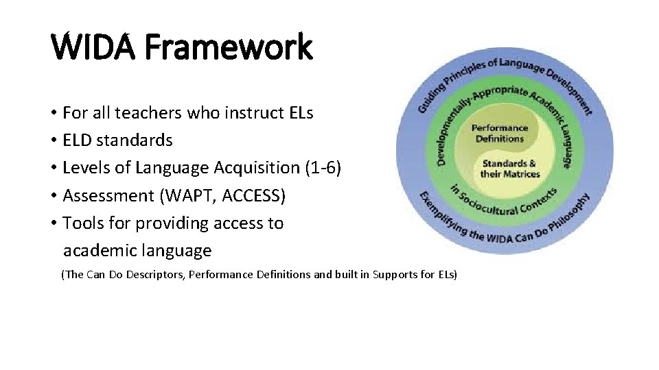WIDA Framework • For all teachers who instruct ELs • ELD standards • Levels