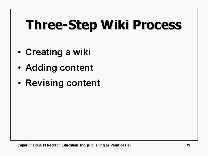 Three-Step Wiki Process • Creating a wiki • Adding content • Revising content Copyright