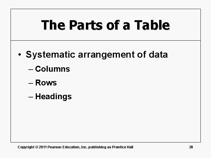 The Parts of a Table • Systematic arrangement of data – Columns – Rows