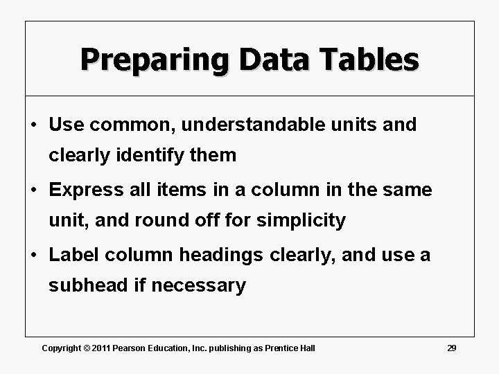 Preparing Data Tables • Use common, understandable units and clearly identify them • Express