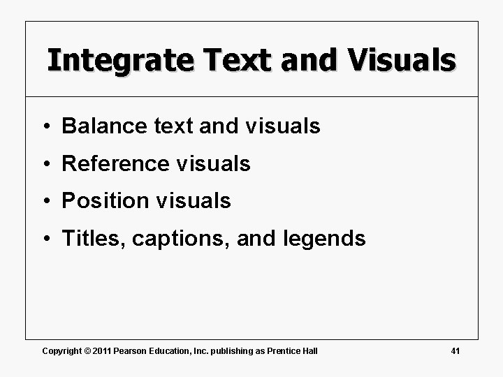 Integrate Text and Visuals • Balance text and visuals • Reference visuals • Position