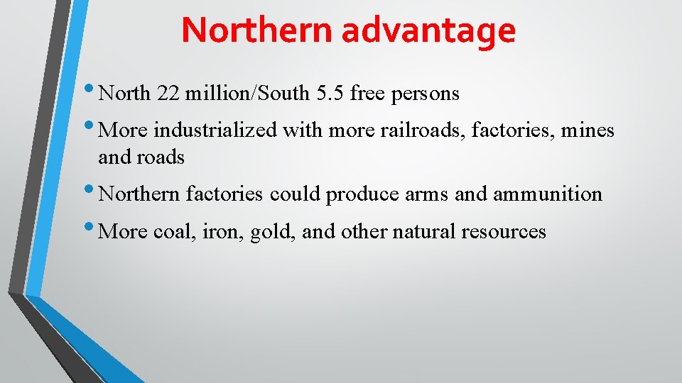 Northern advantage • North 22 million/South 5. 5 free persons • More industrialized with