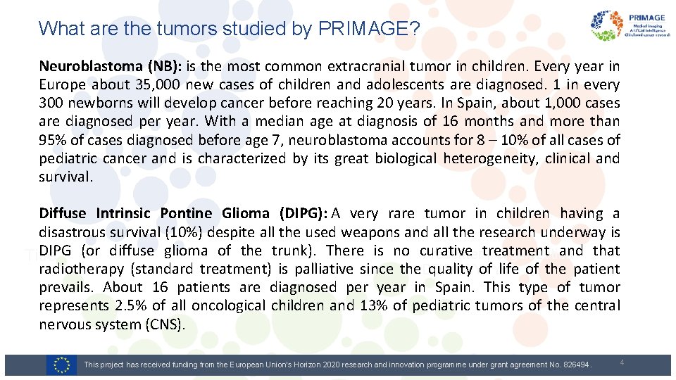 What are the tumors studied by PRIMAGE? Neuroblastoma (NB): is the most common extracranial