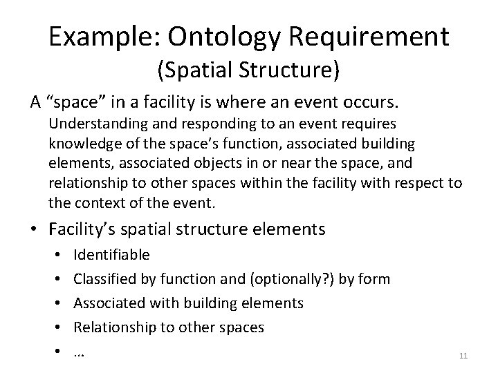 Example: Ontology Requirement (Spatial Structure) A “space” in a facility is where an event