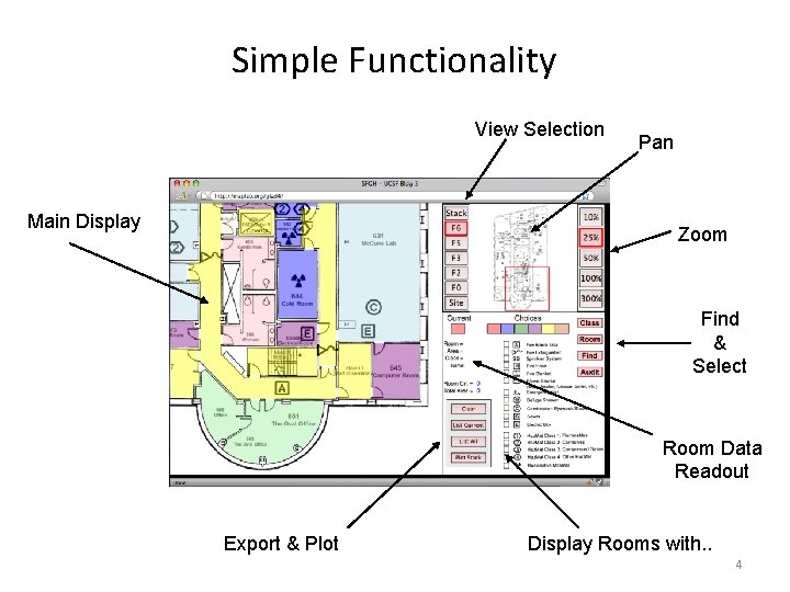 Simple Functionality View Selection Main Display Pan Zoom Find & Select Room Data Readout