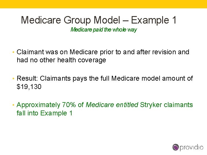Medicare Group Model – Example 1 Medicare paid the whole way • Claimant was