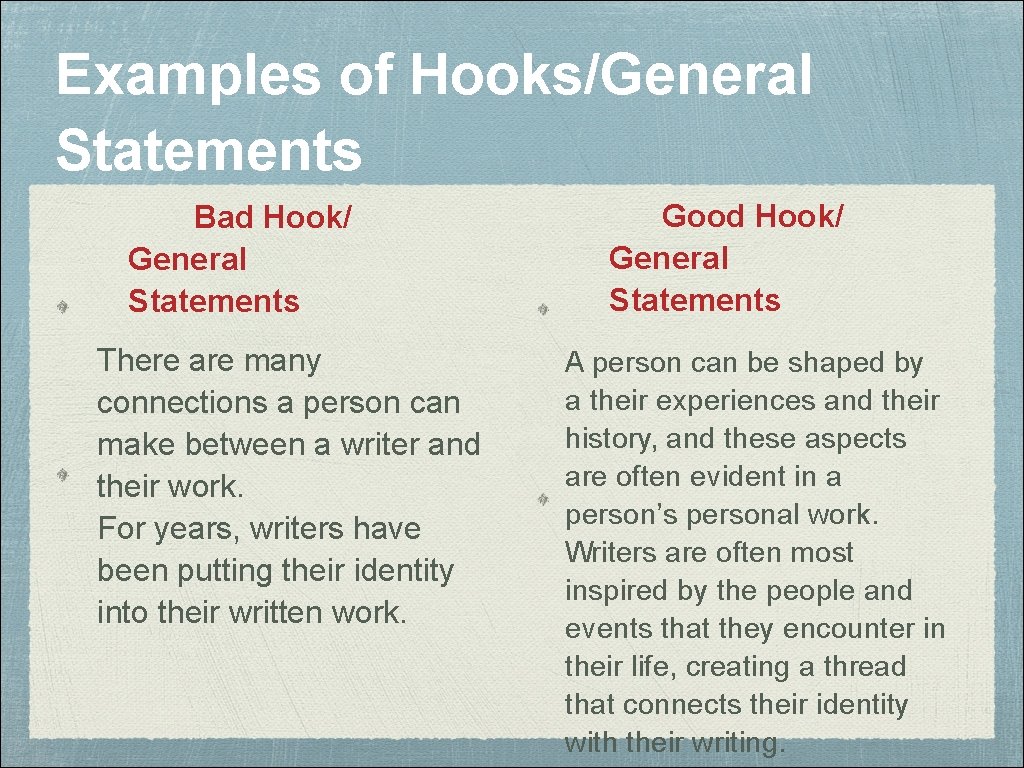 Examples of Hooks/General Statements Bad Hook/ General Statements There are many connections a person Examples of Hooks/General Statements Bad Hook/ General Statements There are many connections a person