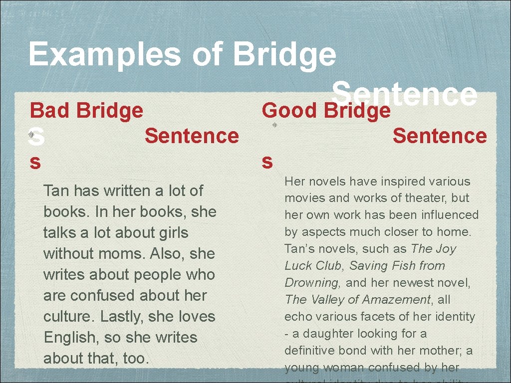 Examples of Bridge Sentence Good Bridge Bad Bridge Sentence s s s Tan has Examples of Bridge Sentence Good Bridge Bad Bridge Sentence s s s Tan has