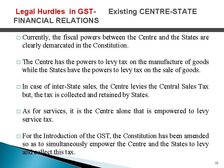 Legal Hurdles in GSTFINANCIAL RELATIONS Existing CENTRE-STATE � Currently, the fiscal powers between the