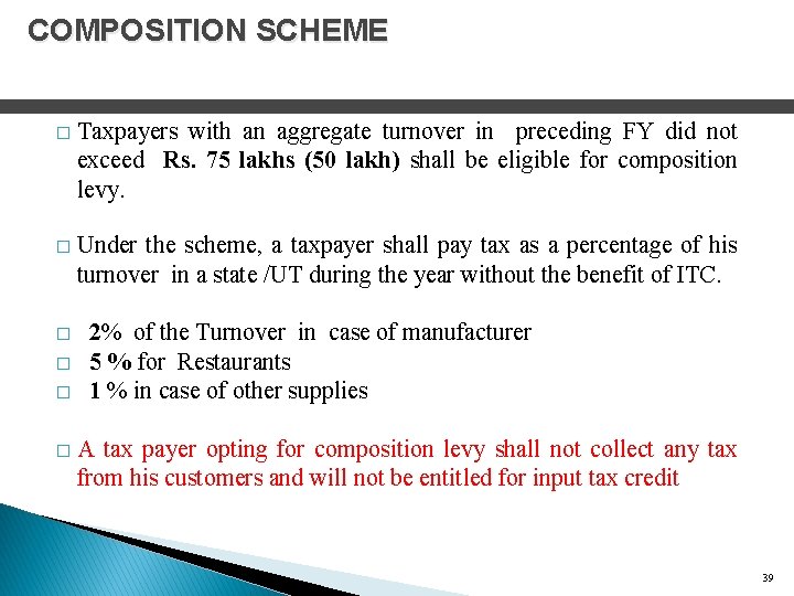 COMPOSITION SCHEME � Taxpayers with an aggregate turnover in preceding FY did not exceed