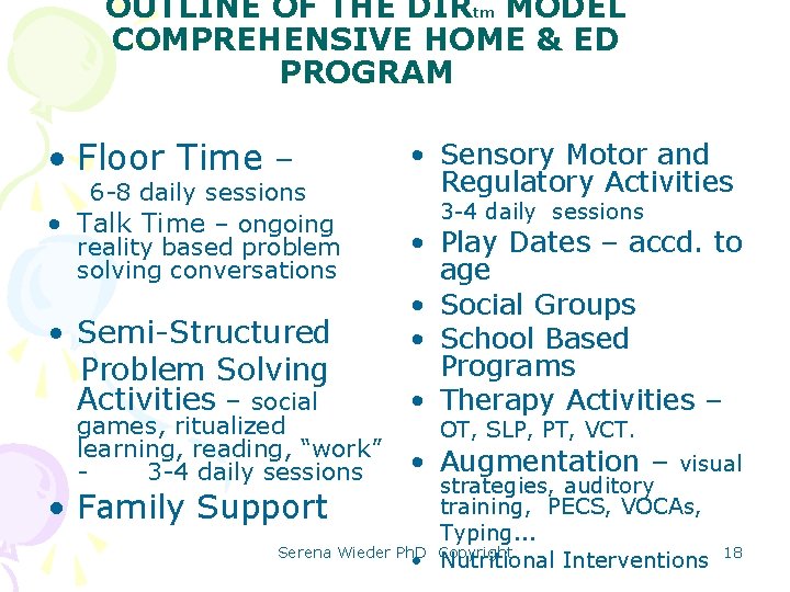OUTLINE OF THE DIRtm MODEL COMPREHENSIVE HOME & ED PROGRAM • Floor Time –