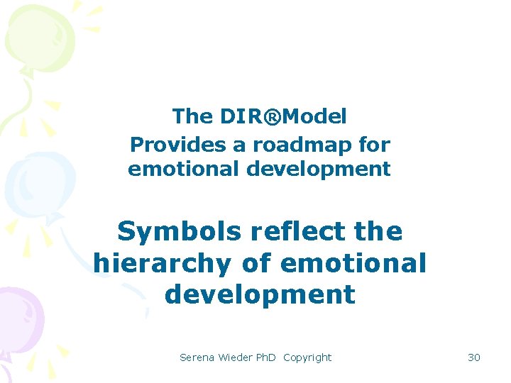 The DIR®Model Provides a roadmap for emotional development Symbols reflect the hierarchy of emotional