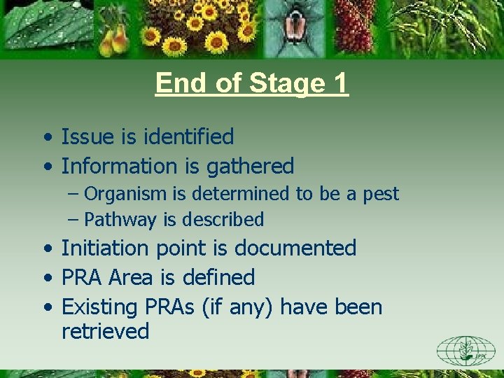 End of Stage 1 • Issue is identified • Information is gathered – Organism