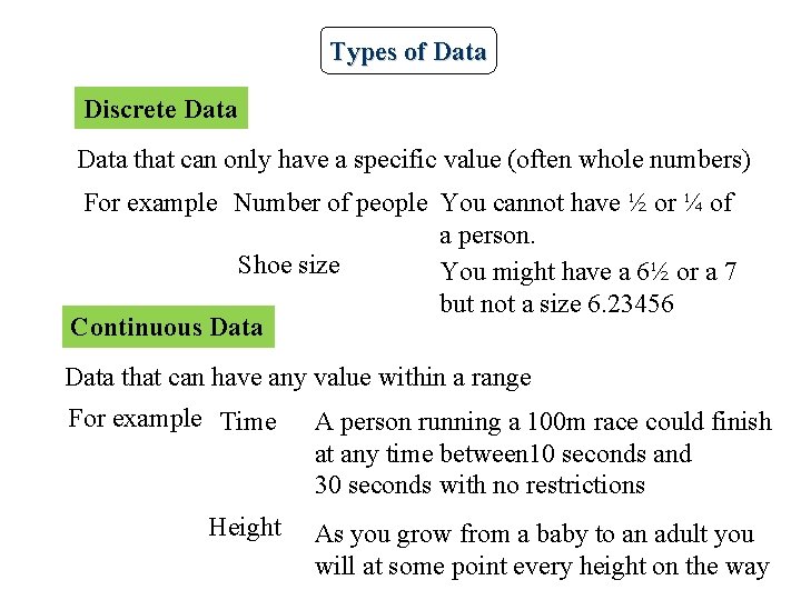 Types of Data Discrete Data that can only have a specific value (often whole