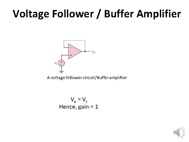 Voltage Follower / Buffer Amplifier Vo = V i Hence, gain = 1 