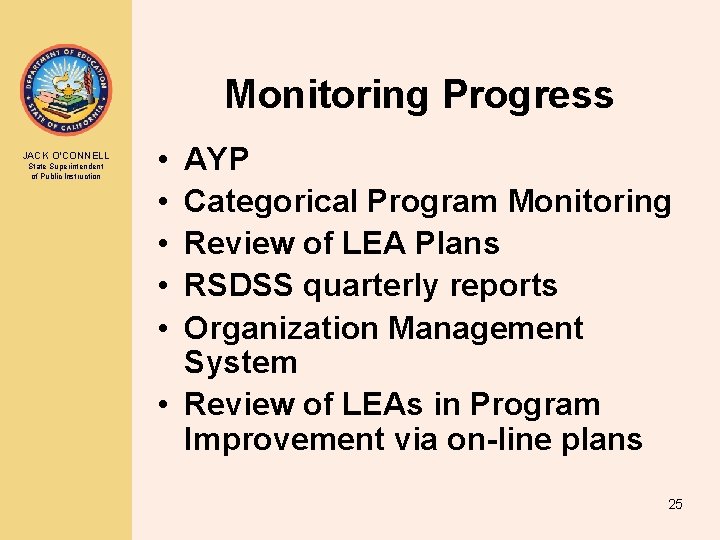 Monitoring Progress JACK O’CONNELL State Superintendent of Public Instruction • • • AYP Categorical Monitoring Progress JACK O’CONNELL State Superintendent of Public Instruction • • • AYP Categorical
