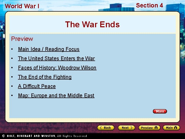 Section 4 World War I The War Ends Preview • Main Idea / Reading