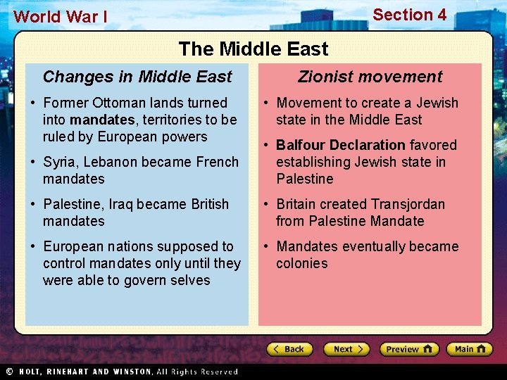 Section 4 World War I The Middle East Changes in Middle East • Former