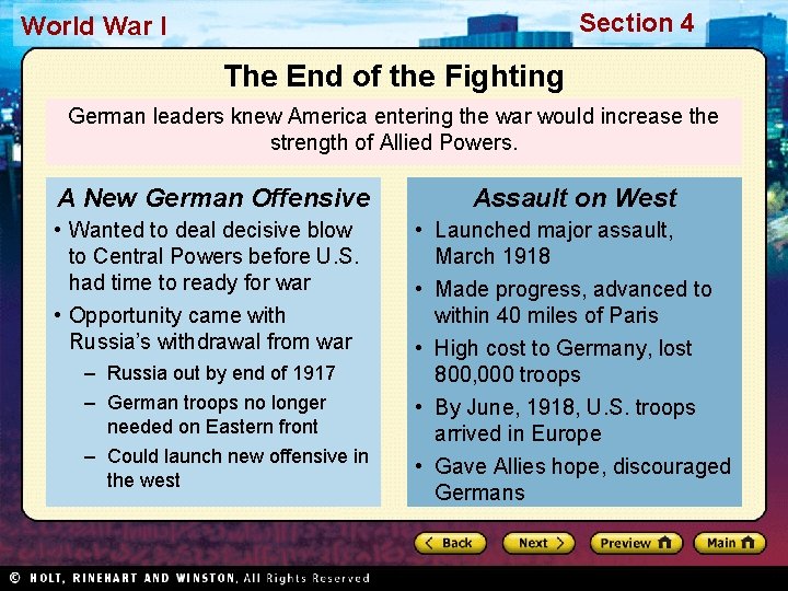 Section 4 World War I The End of the Fighting German leaders knew America