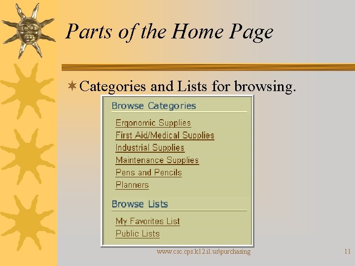 Parts of the Home Page ¬Categories and Lists for browsing. www. csc. cps. k