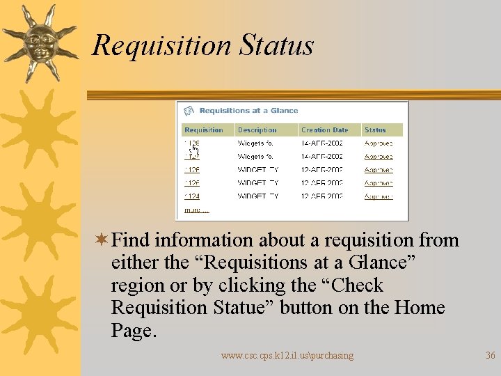 Requisition Status ¬ Find information about a requisition from either the “Requisitions at a
