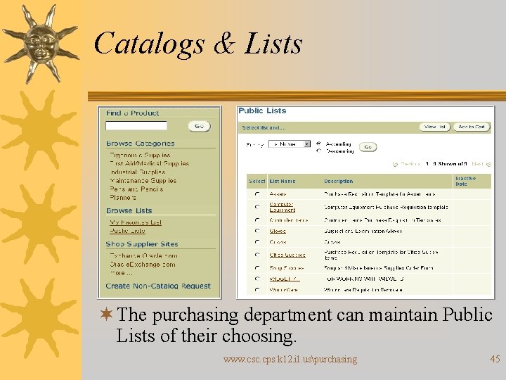 Catalogs & Lists ¬ The purchasing department can maintain Public Lists of their choosing.