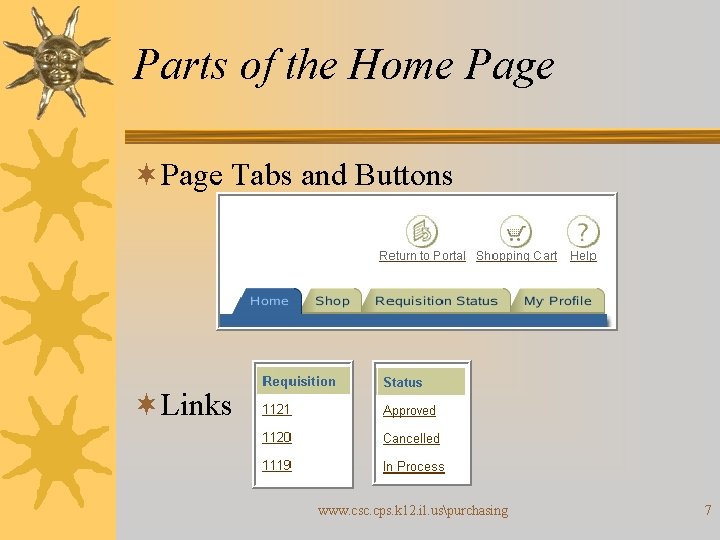 Parts of the Home Page ¬Page Tabs and Buttons ¬Links www. csc. cps. k