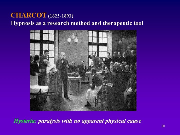 CHARCOT (1825 -1893) Hypnosis as a research method and therapeutic tool Hysteria: paralysis with