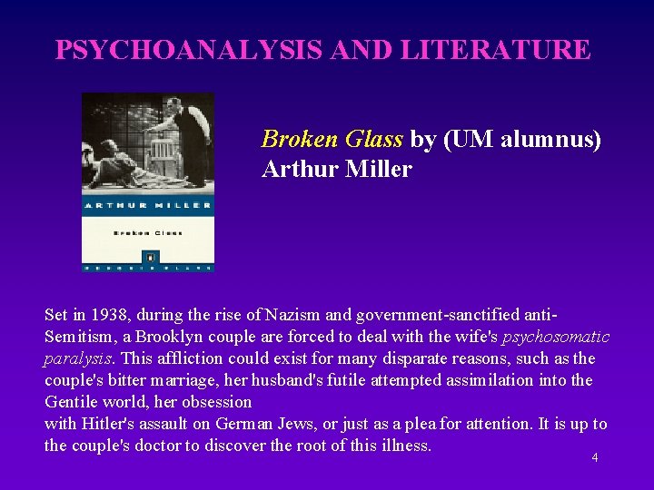 PSYCHOANALYSIS AND LITERATURE Broken Glass by (UM alumnus) Arthur Miller Set in 1938, during