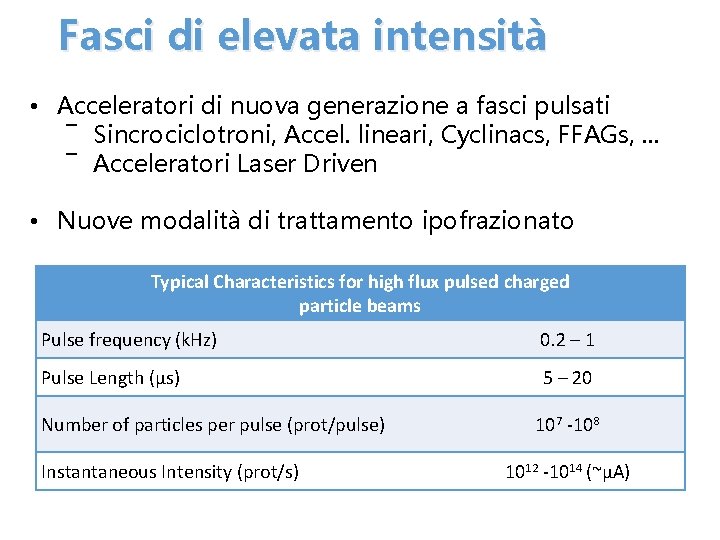 Fasci di elevata intensità • Acceleratori di nuova generazione a fasci pulsati ― Sincrociclotroni,