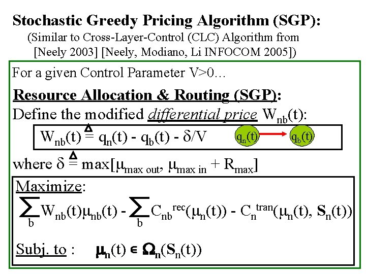 Stochastic Greedy Pricing Algorithm (SGP): (Similar to Cross-Layer-Control (CLC) Algorithm from [Neely 2003] [Neely,