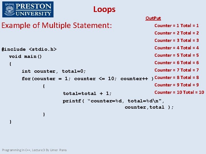 Loops Out. Put Counter = 1 Total = 1 Counter = 2 Total =
