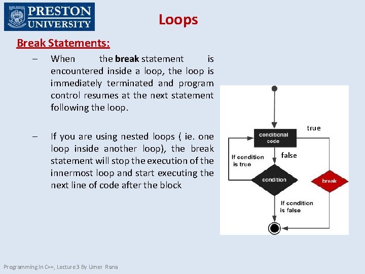 Loops Break Statements: – – When the break statement is encountered inside a loop,