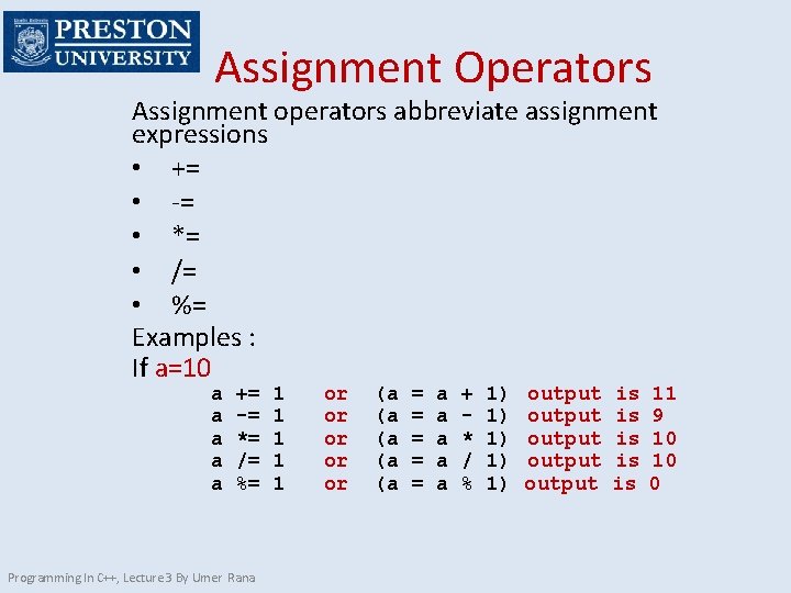 Assignment Operators Assignment operators abbreviate assignment expressions • += • -= • *= •