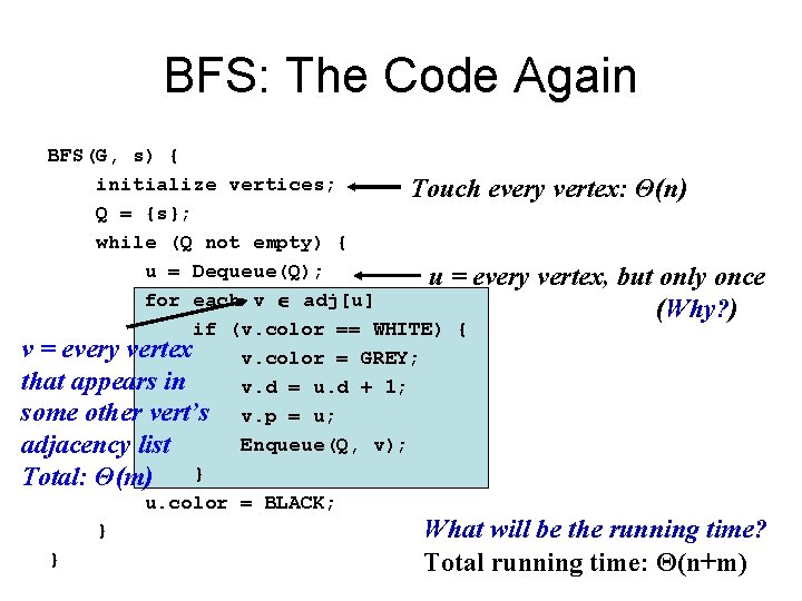 BFS: The Code Again BFS(G, s) { initialize vertices; Touch every vertex: Θ(n) Q