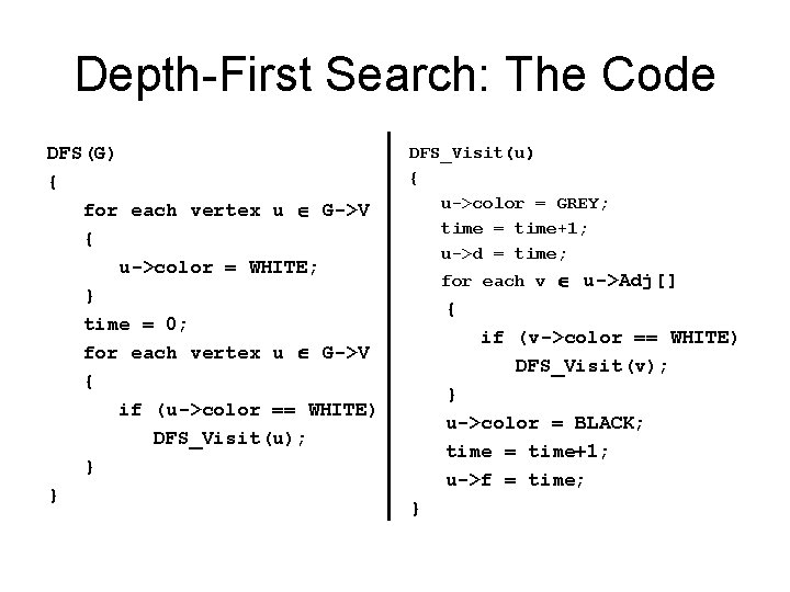 Depth-First Search: The Code DFS(G) { for each vertex u G->V { u->color =