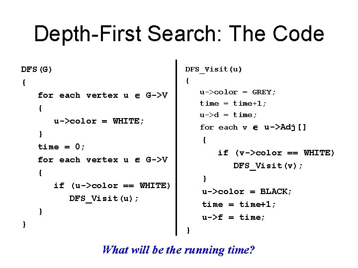 Depth-First Search: The Code DFS(G) { for each vertex u G->V { u->color =