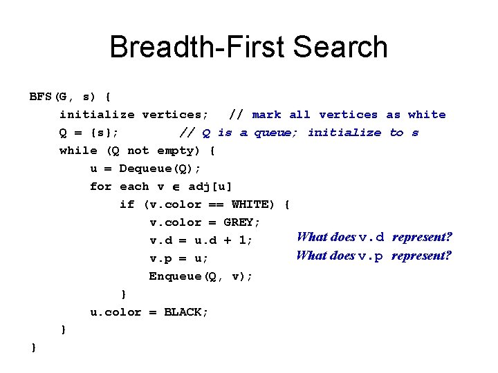 Breadth-First Search BFS(G, s) { initialize vertices; // mark all vertices as white Q