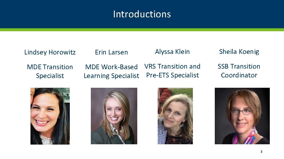 Introductions Lindsey Horowitz MDE Transition Specialist Erin Larsen Alyssa Klein MDE Work-Based VRS Transition