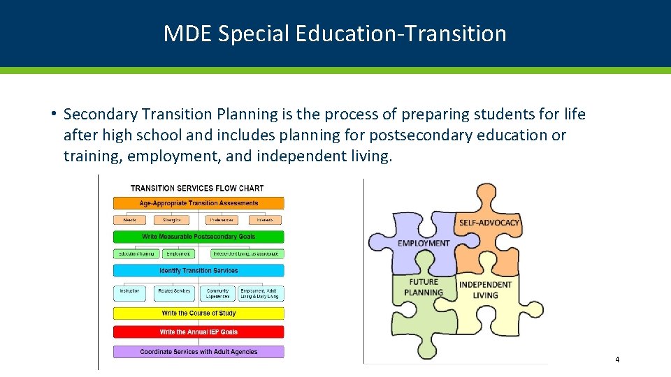 MDE Special Education-Transition • Secondary Transition Planning is the process of preparing students for