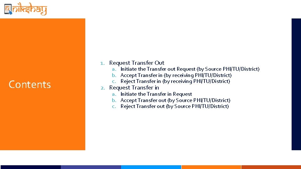 1. Request Transfer Out Contents a. Initiate the Transfer out Request (by Source PHI/TU/District)