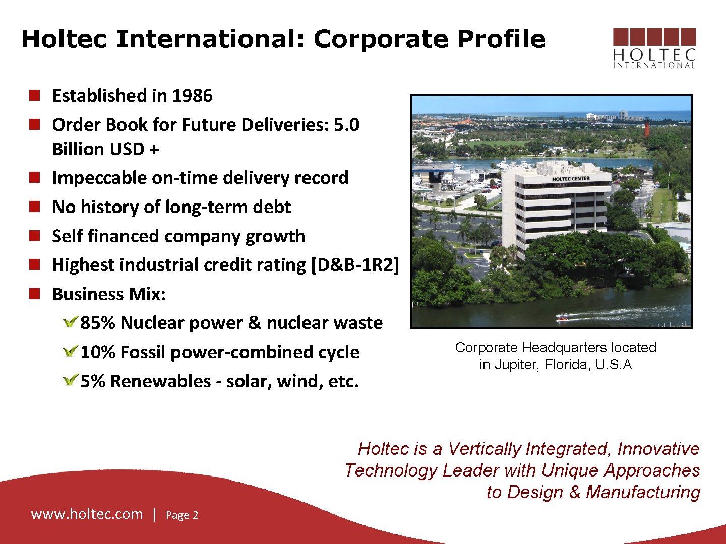 Holtec International: Corporate Profile Established in 1986 Order Book for Future Deliveries: 5. 0