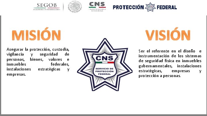 MISIÓN VISIÓN Asegurar la protección, custodia, vigilancia y seguridad de personas, bienes, valores e