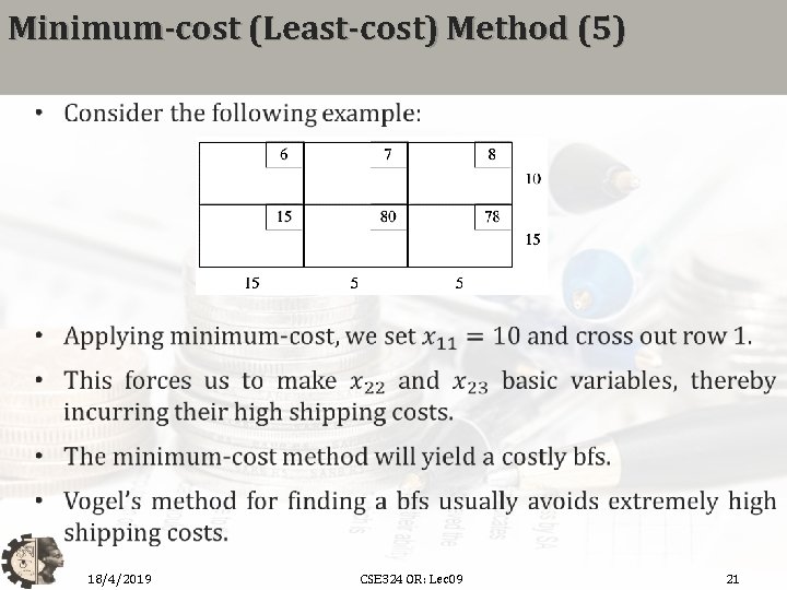 Minimum-cost (Least-cost) Method (5) 18/4/2019 CSE 324 OR: Lec 09 21 