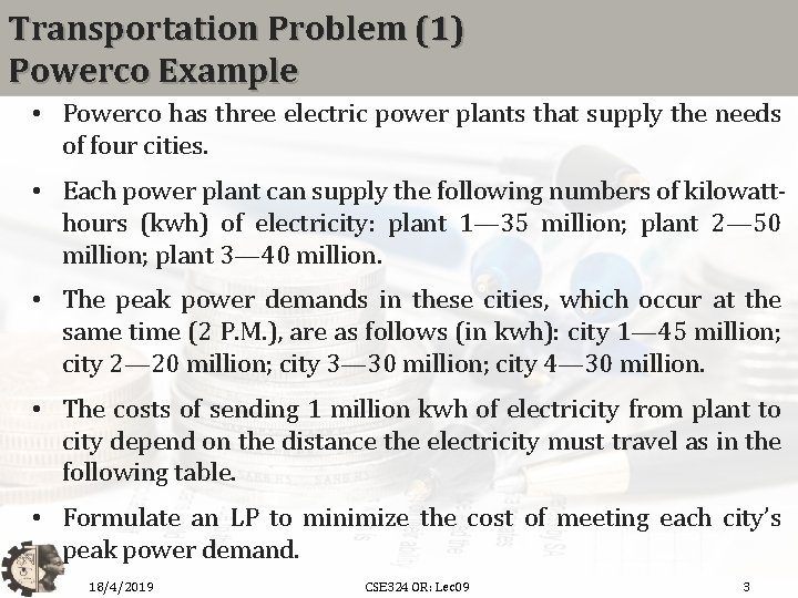 Transportation Problem (1) Powerco Example • Powerco has three electric power plants that supply