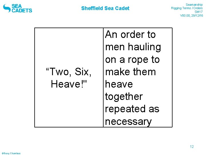 Sheffield Sea Cadet “Two, Six, Heave!" Seamanship Rigging Terms / Orders SM 17 V