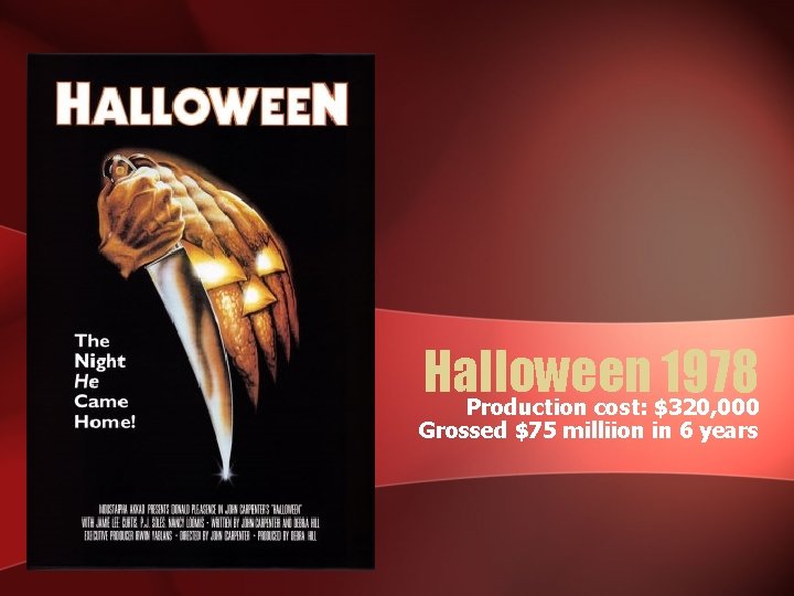 Halloween 1978 Production cost: $320, 000 Grossed $75 milliion in 6 years 