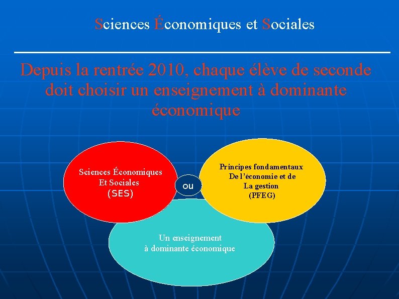 Sciences Économiques et Sociales Depuis la rentrée 2010, chaque élève de seconde doit choisir